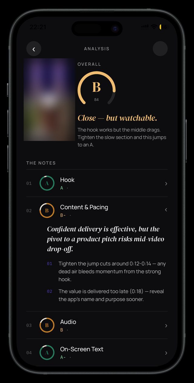 Virra analysis screen: overall grade B with notes on hook, content and pacing, audio and on-screen text