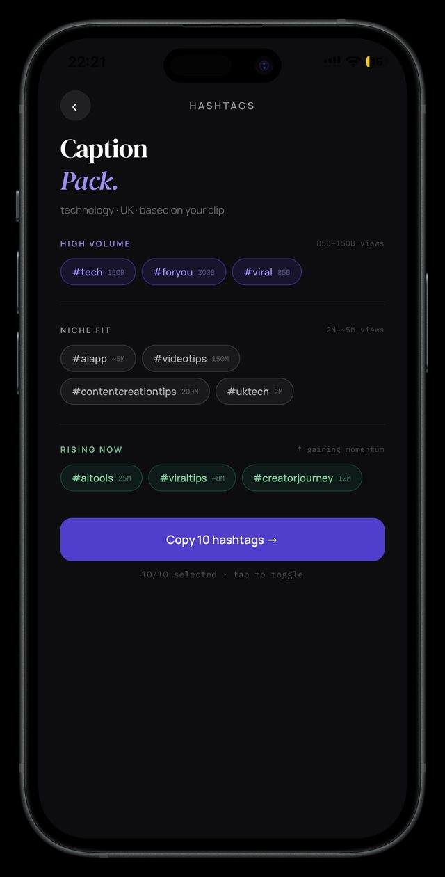 Virra hashtag pack screen showing high volume, niche fit and rising now hashtag groups