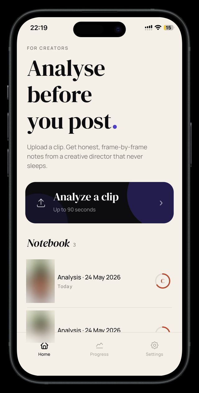 Virra home screen with the Analyze a clip button and a notebook of past analyses